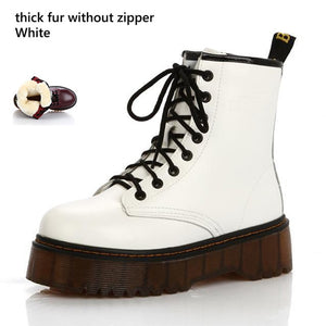 Lucyever Womens Autumn Winter Ankle Boots Lace Up Flat Heels Fur Cotton Padded Platform Shoes Woman Leather Military Botas Mujer