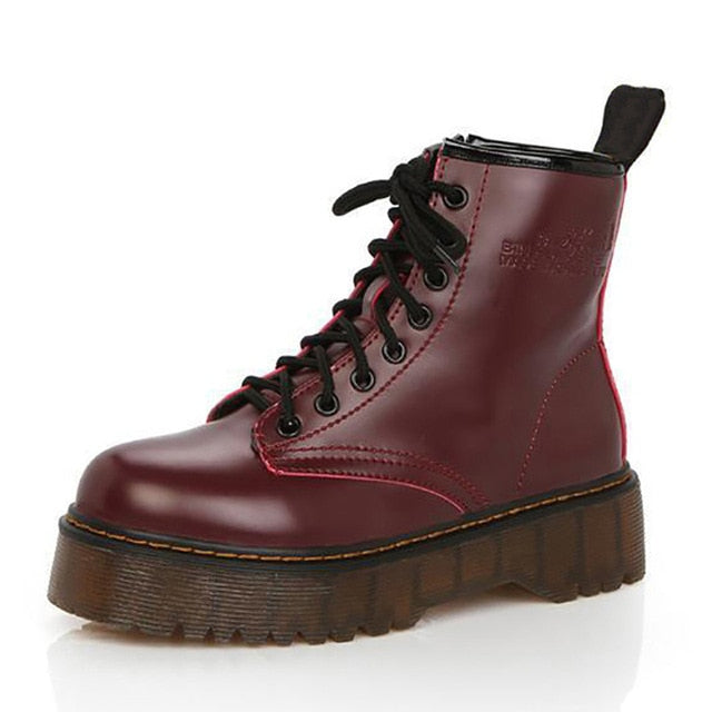 Lucyever Womens Autumn Winter Ankle Boots Lace Up Flat Heels Fur Cotton Padded Platform Shoes Woman Leather Military Botas Mujer