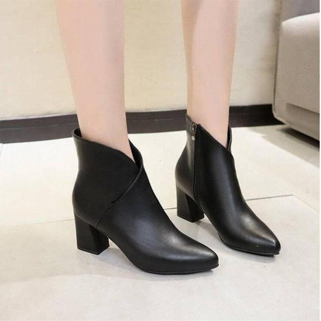 Winter Boots Ankle Boots Women Shoes Woman Boots Fashion High-heeled Pointed PU Ankle Boots 2019 Winter Short Fur Warm Boots