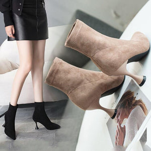 Winter Boots Ankle Boots Women Shoes Woman Boots Fashion High-heeled Pointed Boots Booties 2019 Winter New Short Fur Warm Boots