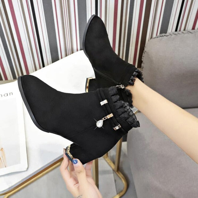 Winter Boots Ankle Boots Women Shoes Woman Boots Fashion High Heel Pointed Rhinestone Booties 2019 Winter Short Fur Warm Boots